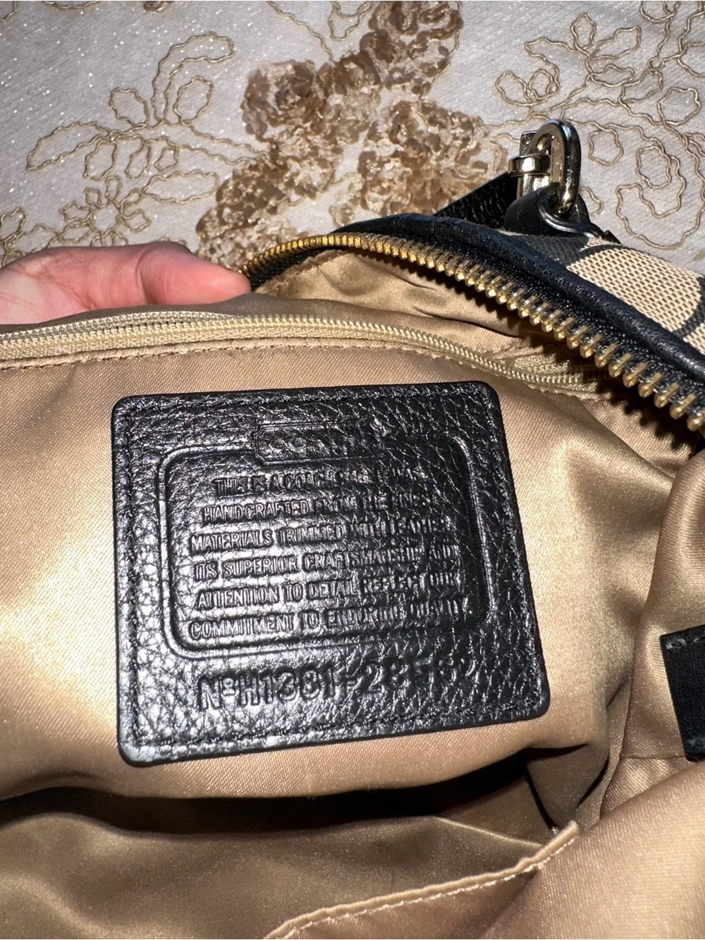 Coach Brown Khaki Signature Canvas Shoulder Tote with Black Trim